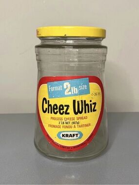 Vintage 1975 Kraft Cheez Whiz Glass Jar with Label & Lid 2lb Size